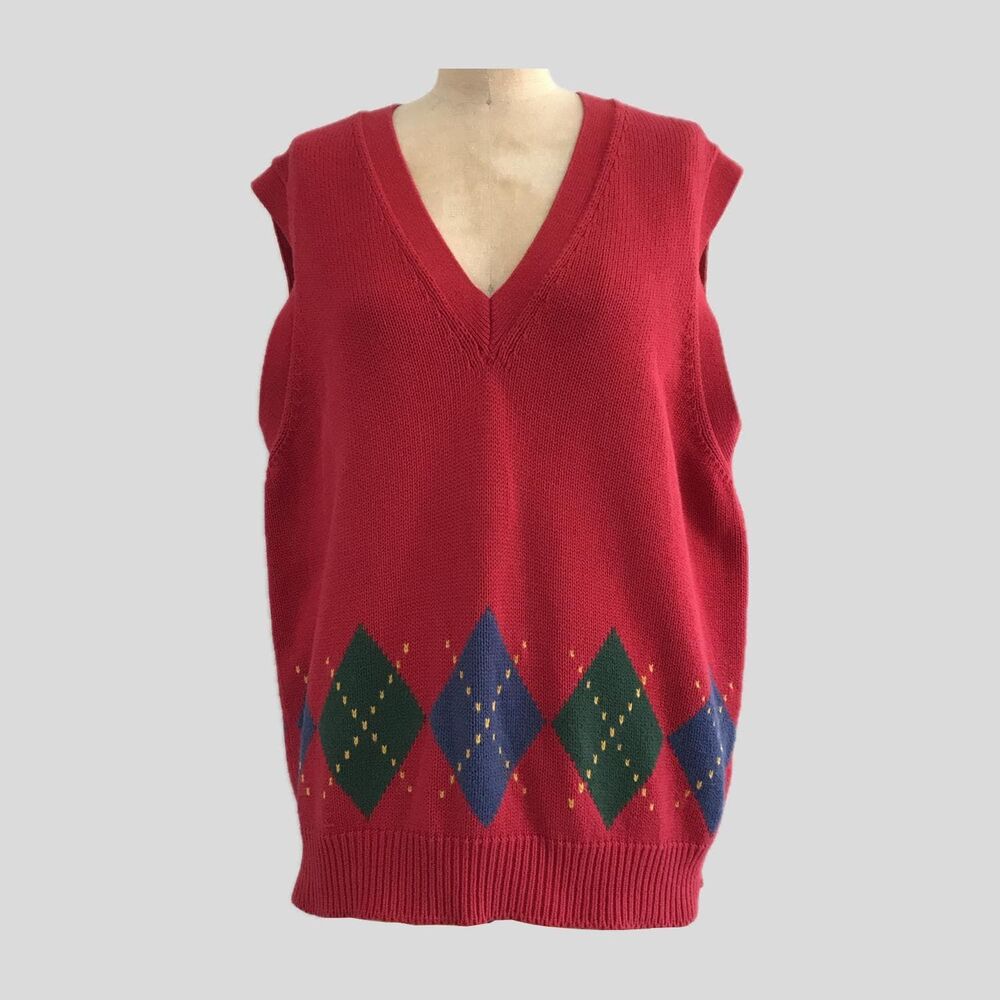 Vintage LizSport Red Argyle Cotton Sweater Vest Womens M Eclectic Grandpa Preppy